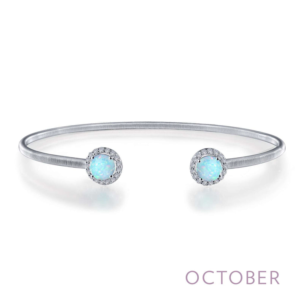 Bangle Color Gemstone Bracelet in Platinum Bonded Sterling Silver White with 2 Round Simulated Opals