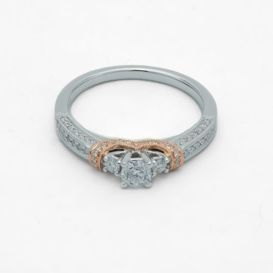 Three Stone Natural Diamond Complete Engagement Ring in 14 Karat White - Rose with 0.21ctw F/G I1 Round Diamond