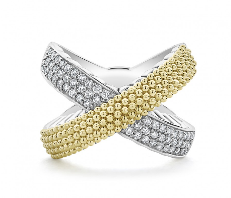 Crisscross ring with diamonds and gold beads.