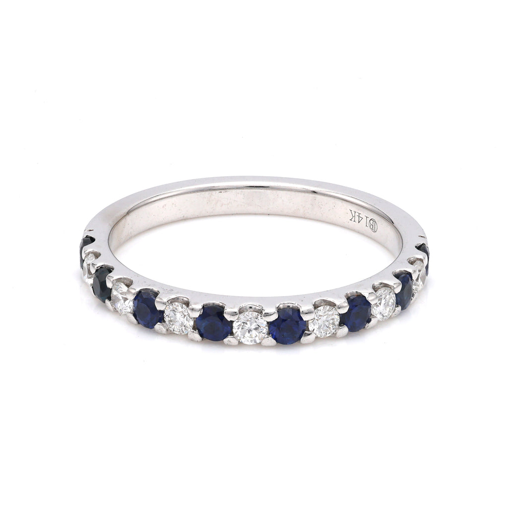 14K white gold ring, sapphires, diamonds, alternating pattern.