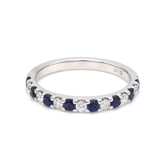 14K white gold ring, sapphires, diamonds, alternating pattern.