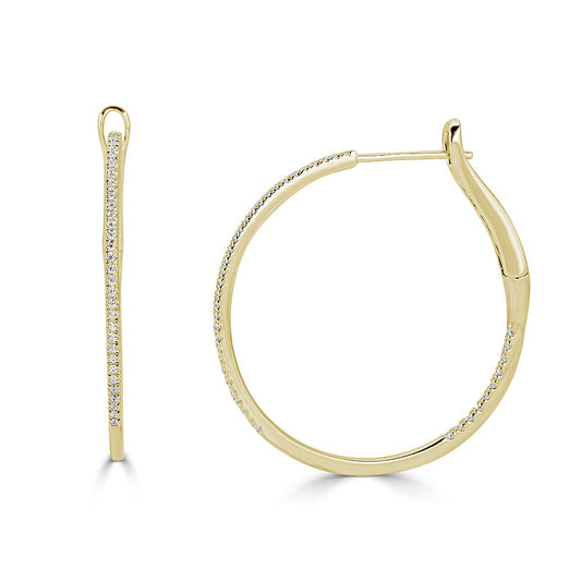 14K yellow gold diamond hoop earrings.