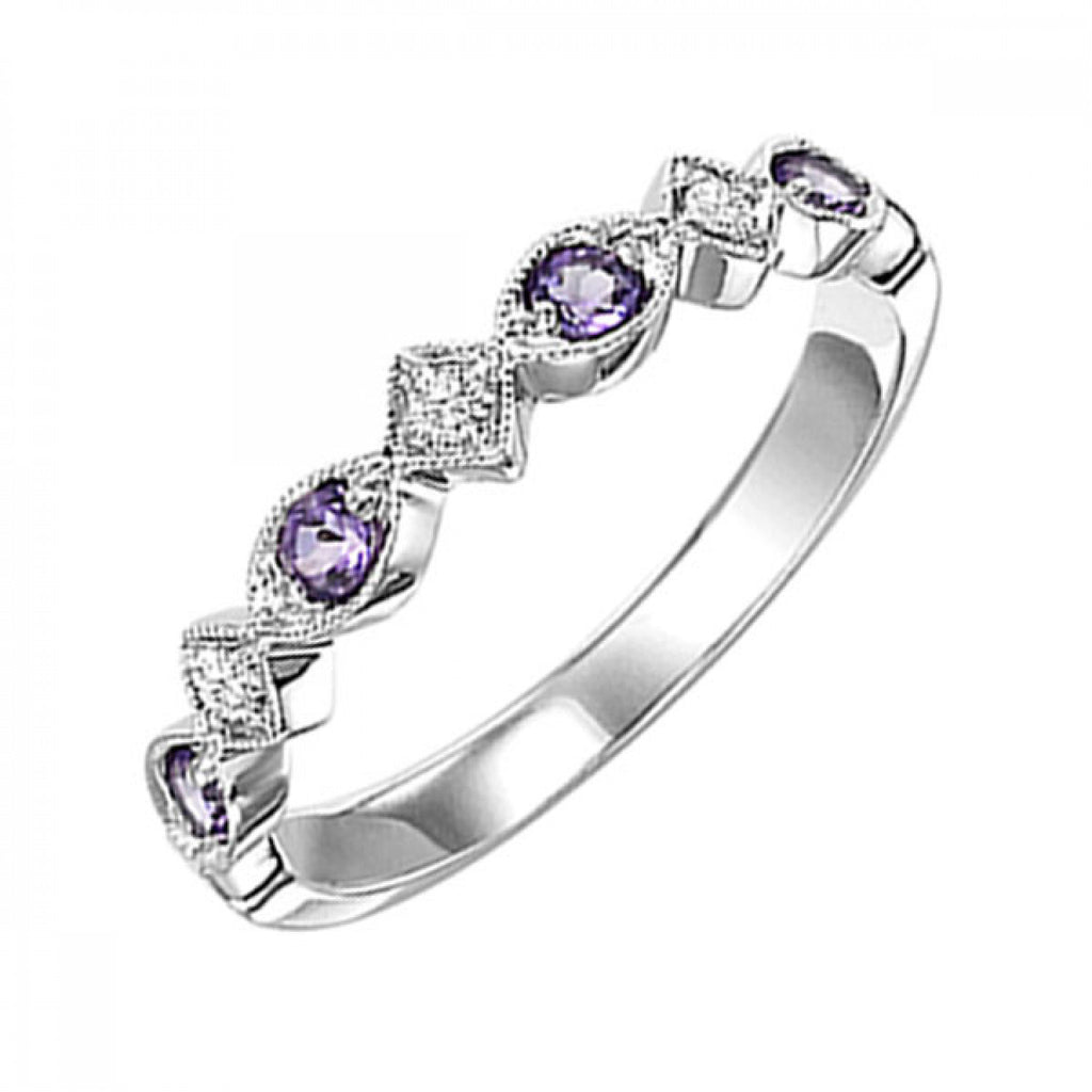 White gold band with amethysts and diamonds.