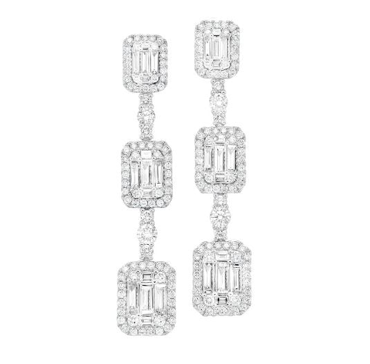 Drop earrings with rectangular diamond clusters.