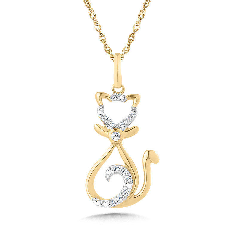 Cat-shaped yellow gold necklace with diamonds.