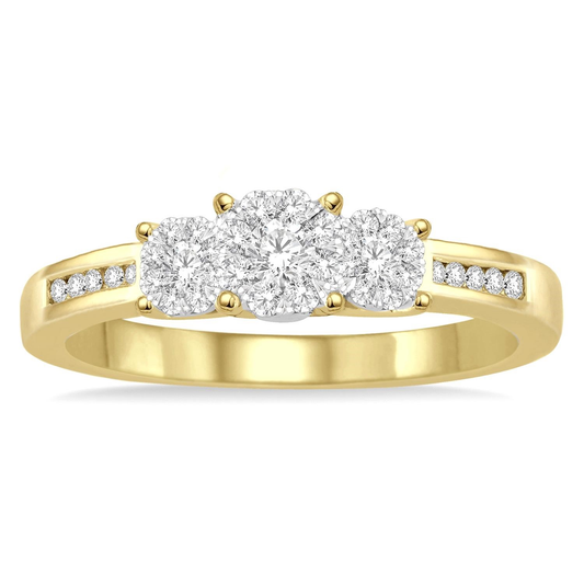 Three Stone Hidden Accent Natural Diamond Complete Engagement Ring in 14 Karat Yellow with 0.34ctw Round Diamonds