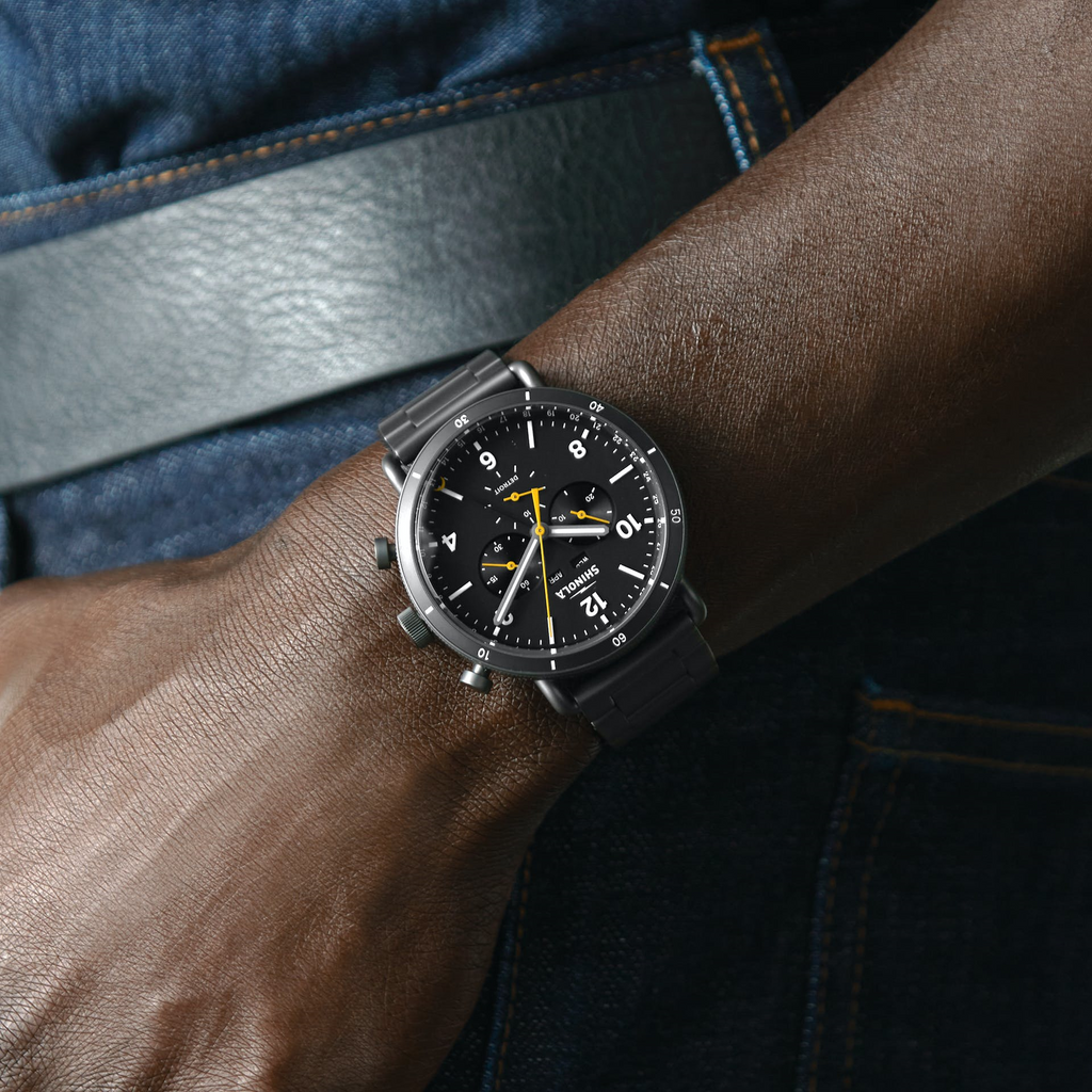 Black dial stainless steel chronograph watch.