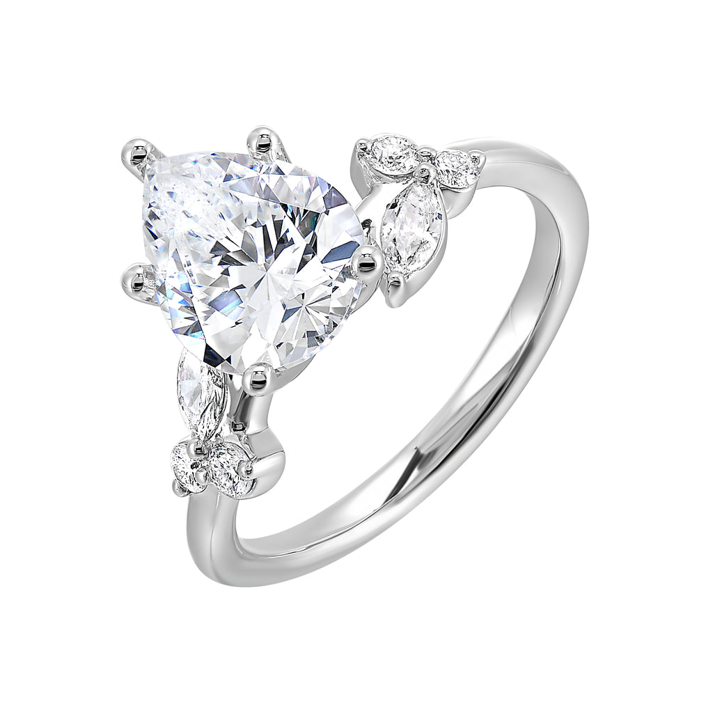 White gold ring with various shaped diamonds.