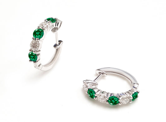 David Kord (Formerly A & D) Small Hoop Color Gemstone Earrings in 14 Karat White Gold with 6 Round Emeralds 0.68ctw