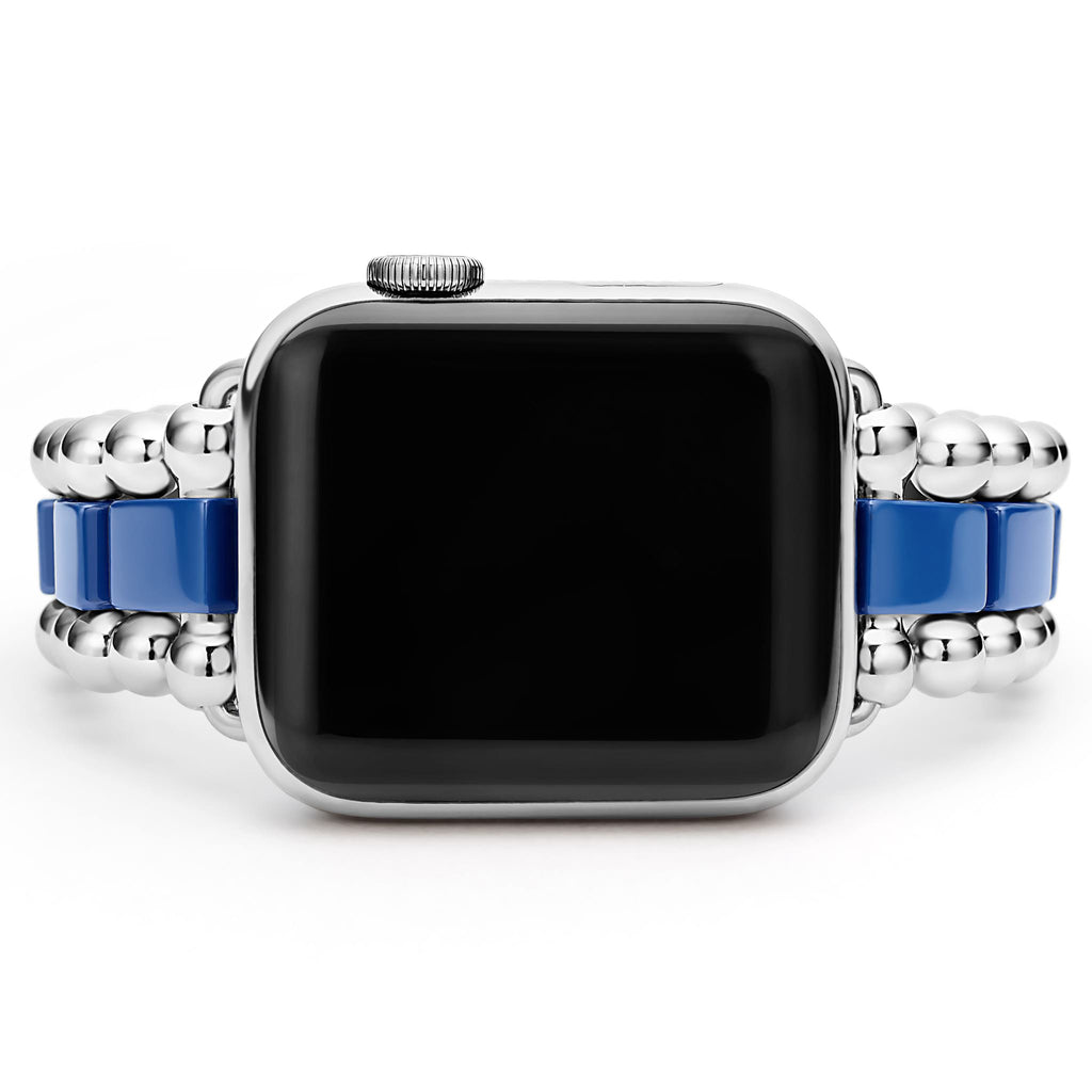 Stainless steel and blue ceramic watch band.