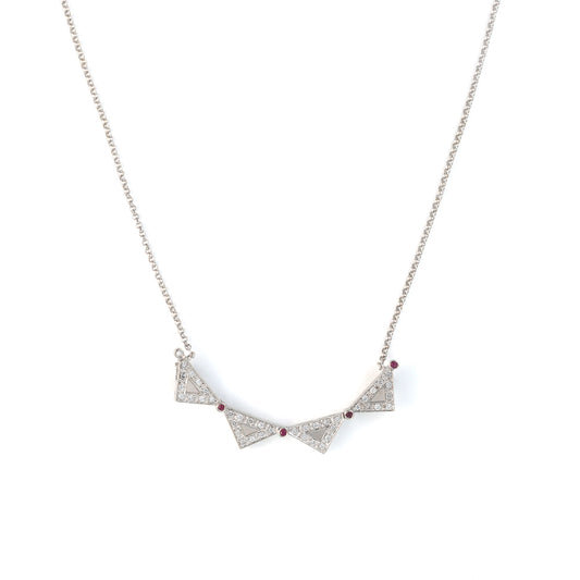 14K white gold necklace, rubies, diamonds.