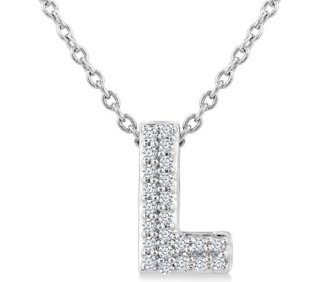 Initial necklace with round diamonds, white gold.