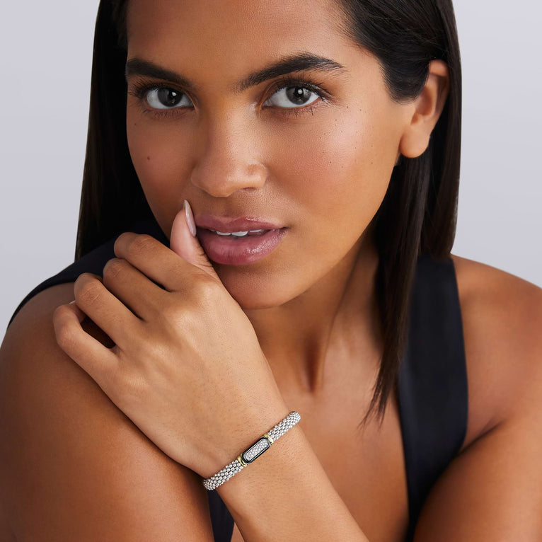 Sterling silver diamond caviar rope bracelet.