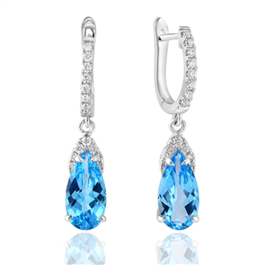 Pear-shaped blue topaz earrings with diamonds.