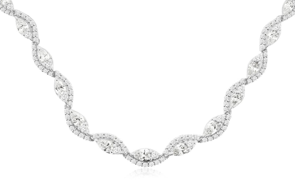 Diamond necklace with various shapes in gold.
