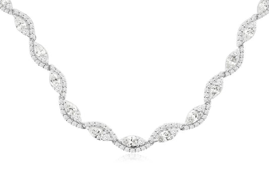 Diamond necklace with various shapes in gold.