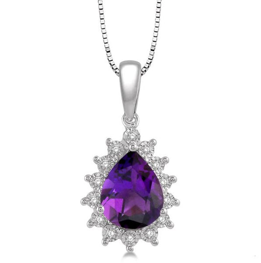 Pendant Color Gemstone Necklace in 10 Karat White with 1 Pear Amethyst 9mm-9mm