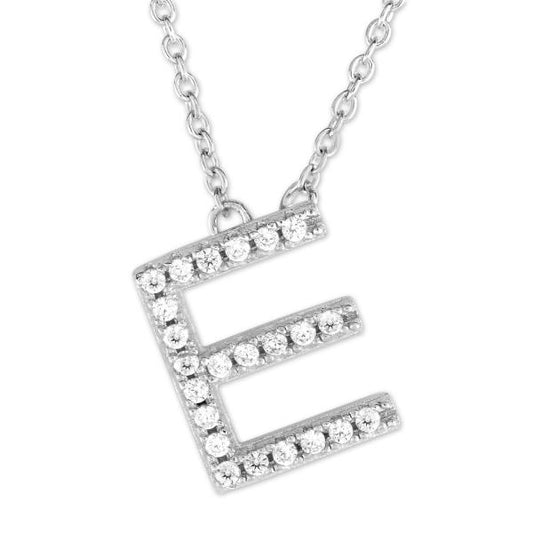 Sterling silver "E" necklace with zirconia.