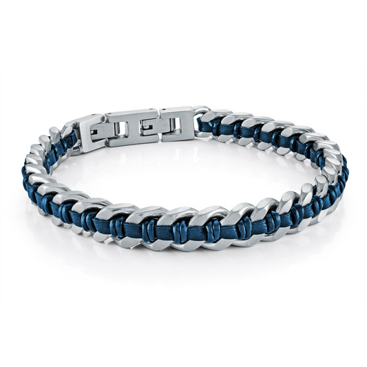ItalGem Steel Men's Bracelet (No Stones) in Stainless Steel and Leather, White - Blue