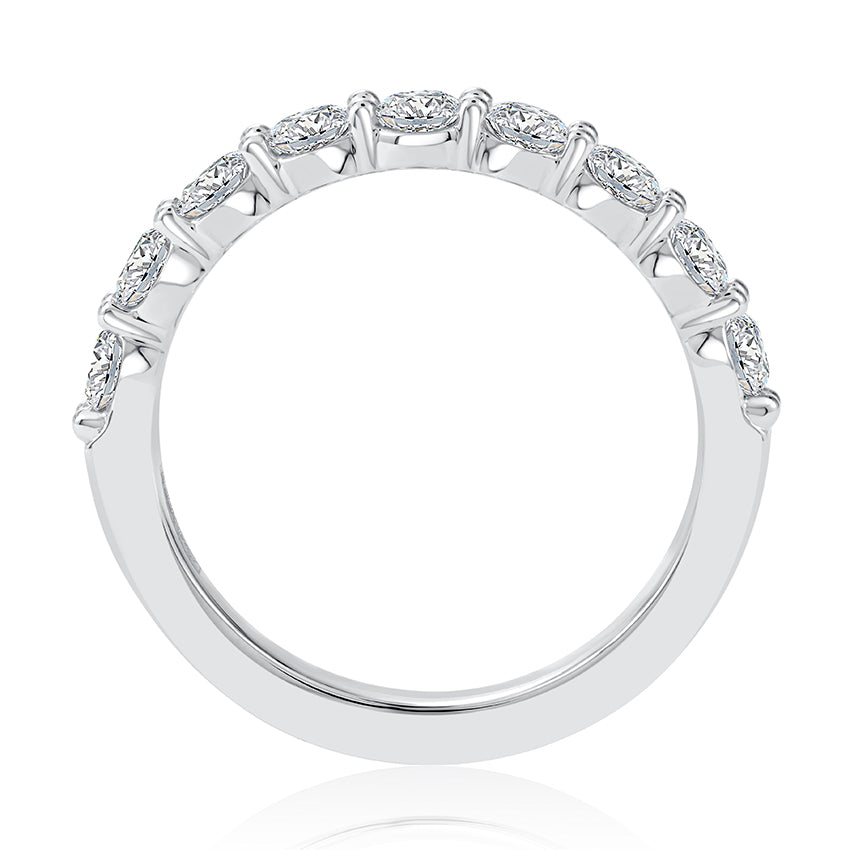 14K white gold band with round diamonds.