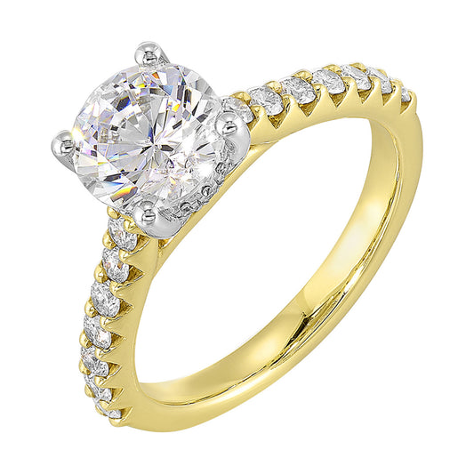 Yellow gold ring with round diamond accents.