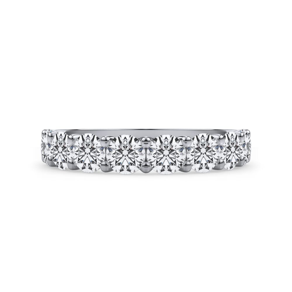 14K white gold band with round diamonds.