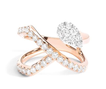 14K white-rose diamond crossover ring, round diamonds.