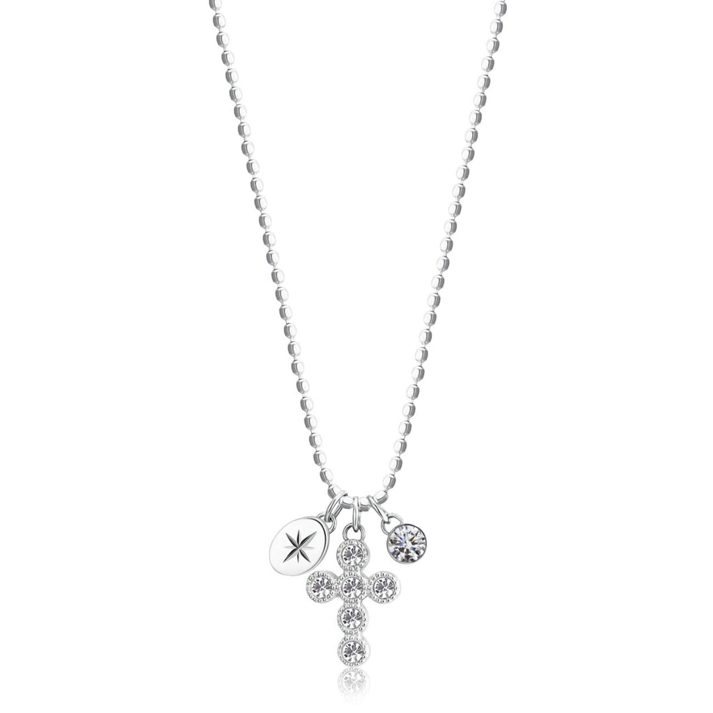 Cross necklace with gemstones on ball chain.