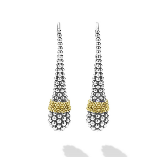 Sterling silver drop earrings with gold accents.