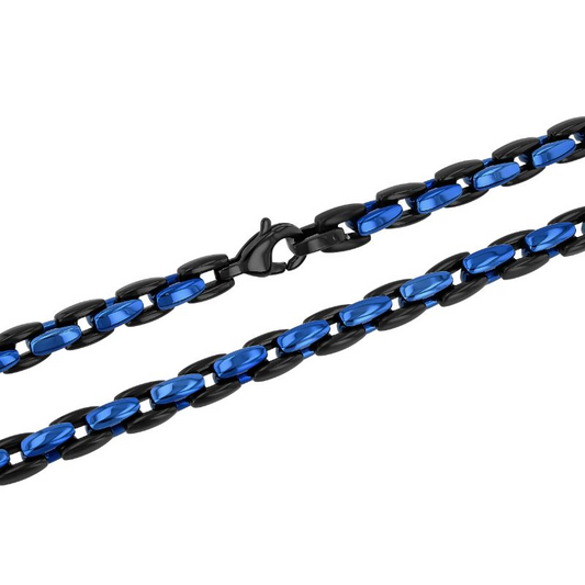 Black and blue stainless steel cable chain.