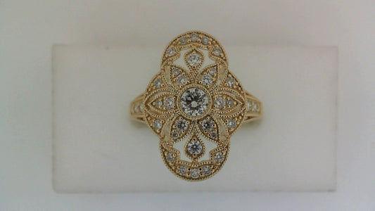 Vintage floral diamond ring, yellow gold filigree.