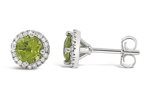 Semi-Precious Color Collection Stud Color Gemstone Earrings in Sterling Silver White with 2 Round Peridot 5.2mm