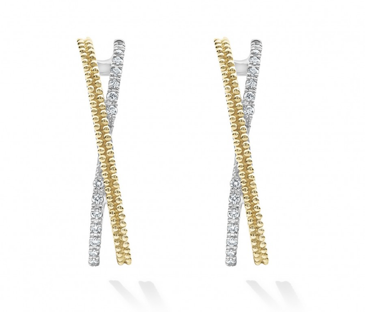 Gold and silver crisscross diamond earrings.
