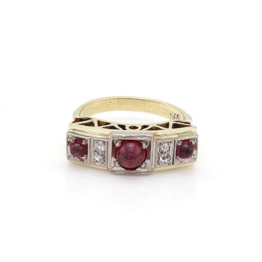 Marks Estate Department 2 Color Gemstone Ring with 3 Cabochon Rubies 0.67ctw in 14 Karat White Yellow Gold