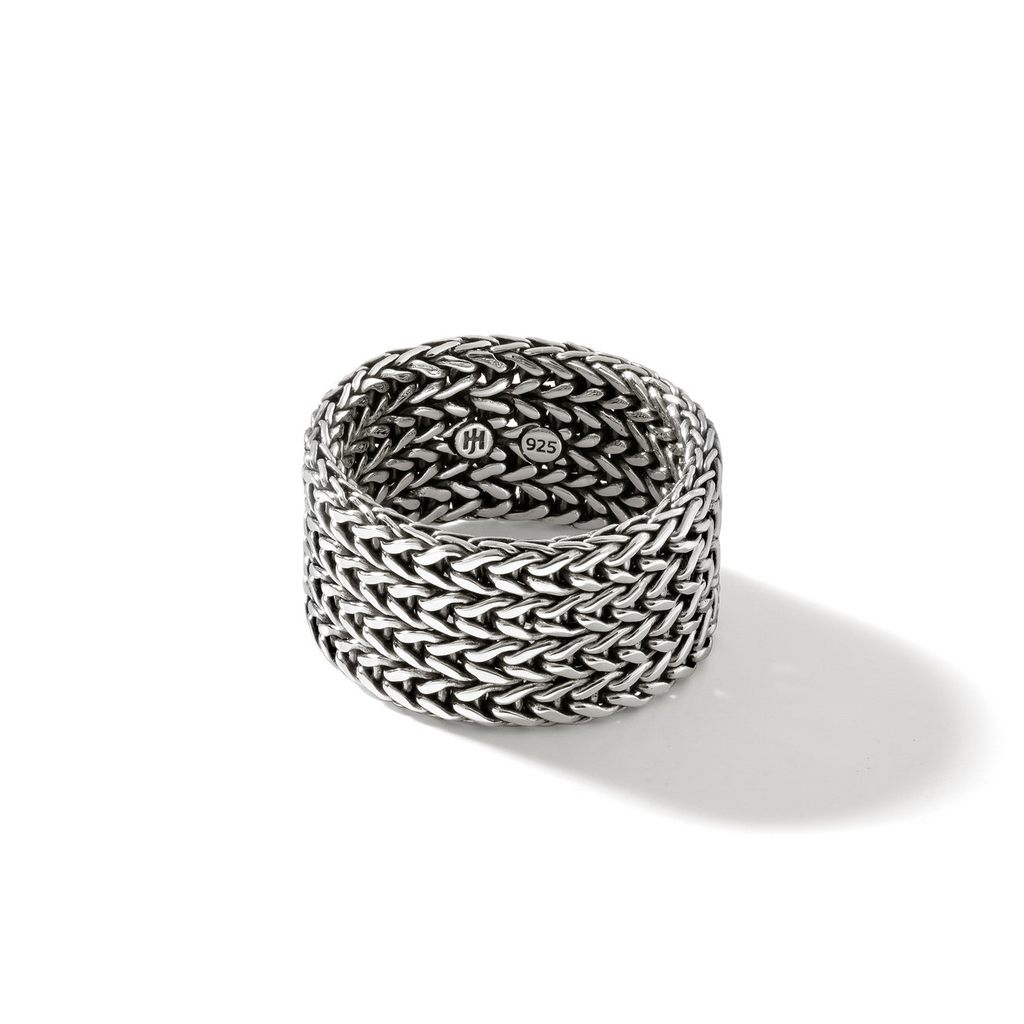 Sterling silver woven pattern ring, polished finish.