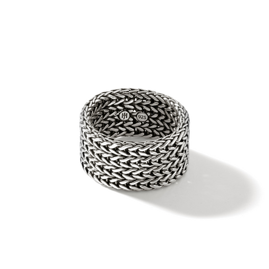 Sterling silver woven pattern ring, polished finish.