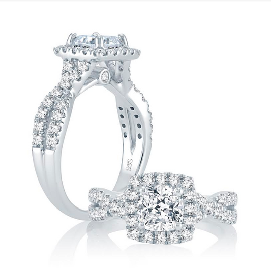 Halo Hidden Accent Natural Diamond Complete Engagement Ring in 14 Karat White with 0.72ctw G I1 Cushion Diamond