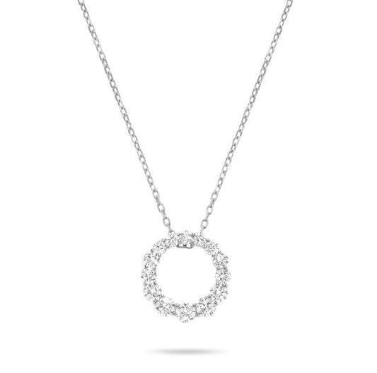 14K white gold circle diamond necklace.