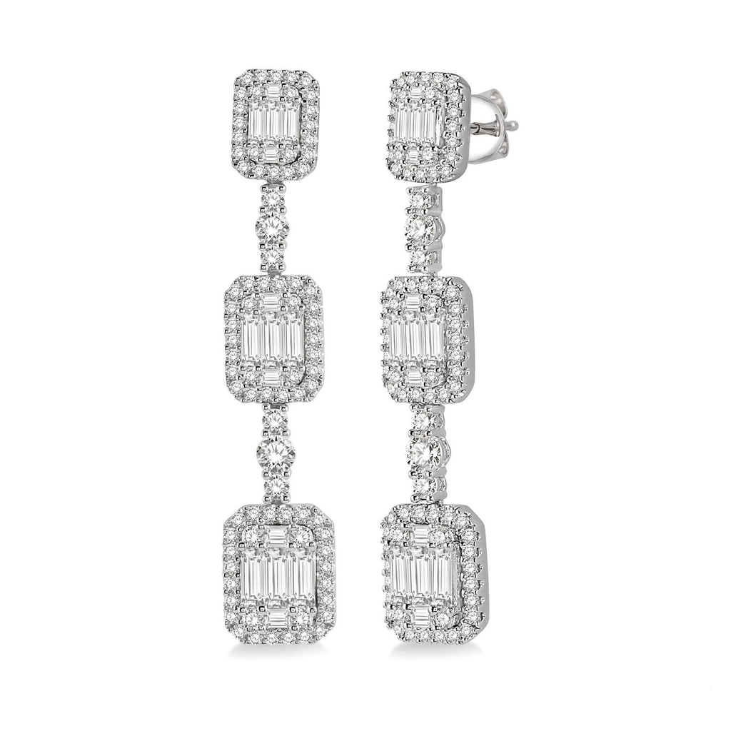 Drop earrings with rectangular diamond clusters.
