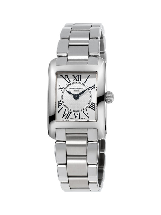 Silver stainless steel watch with Roman numerals.