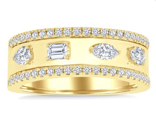 Yellow gold ring with various shaped diamonds.