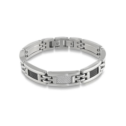 Stainless steel and carbon fiber link bracelet.