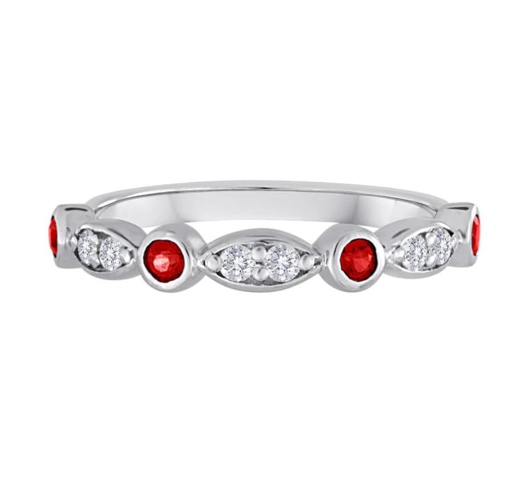 14K white band with rubies and diamonds.