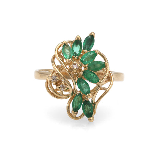 Marks Estate Dept 1 Color Gemstone Ring in 14 Karat Yellow Gold with 8 Marquise Emeralds 0.75ctw 4mm