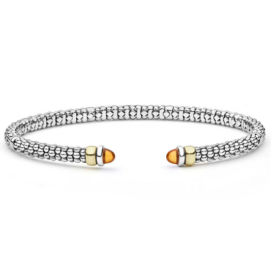Lagos Signature Caviar Collection Cuff Color Gemstone Bracelet in Sterling Silver - 14 Karat White - Yellow with 2 Cabochon Citrines