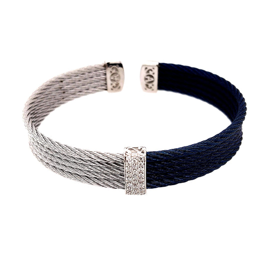 Natural Diamond Bracelet in Stainless Steel Cable - 18 Karat White - Blue with 0.19ctw Round Diamond