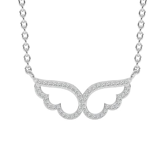 Diamond wing-shaped pendant on white gold chain.