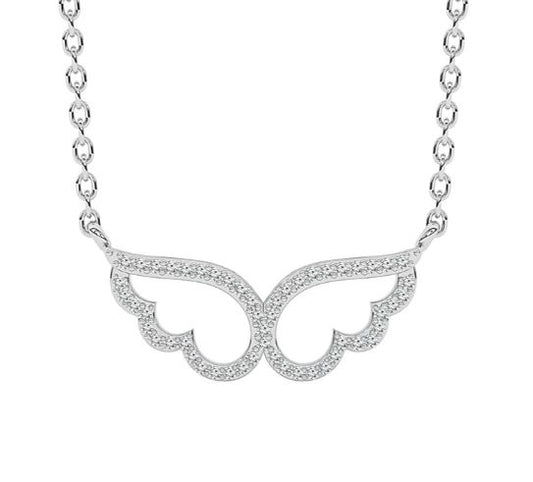 Diamond wing-shaped pendant on white gold chain.