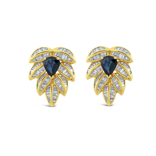 14K Yellow Gold Pear Sapphire Diamond Baguette Earrings