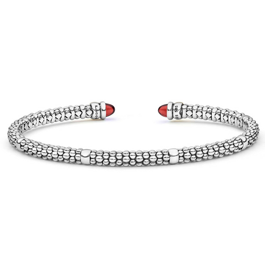 Lagos Signature Caviar Collection Cuff Color Gemstone Bracelet in Sterling Silver - 14 Karat White - Yellow with 2 Cabochon Garnets